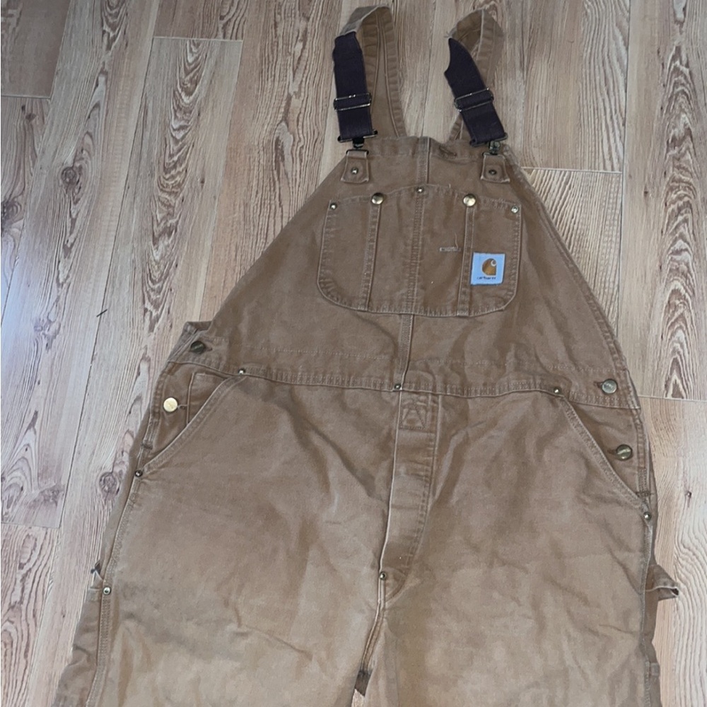 Carhartt Bib Overalls 44x32 R01 Brown Double Knee Distressed